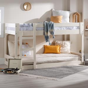 White Solid Wood Twin Over Twin Bunk Bed with Integrated Ladder