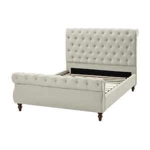 Elaine Linen Upholstered Traditional Lighted Sleigh Queen Platform Bed with Sturdy Frame and Headboard-Beige Family