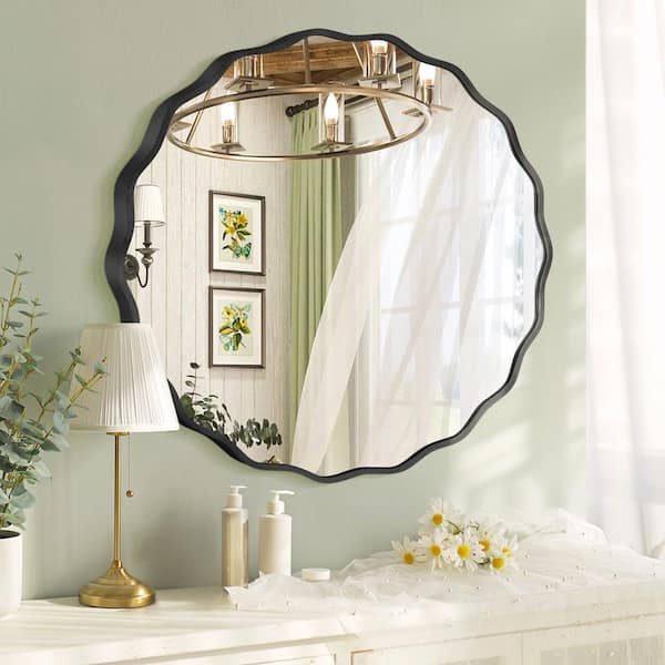 23.5 in. W x 23.5 in. H Round Black Aluminum Alloy Framed Scalloped Wavy Wall Mirror