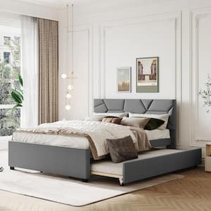 Gray Wood Frame Queen Size Linen Upholstered Platform Bed with Brick Pattern Headboard and Twin XL Trundle