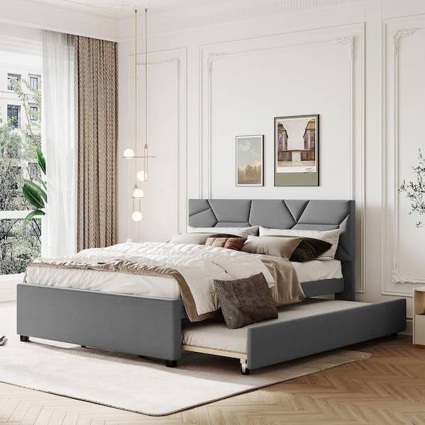 Harper & Bright Designs Gray Wood Frame Queen Size Linen Upholstered ...