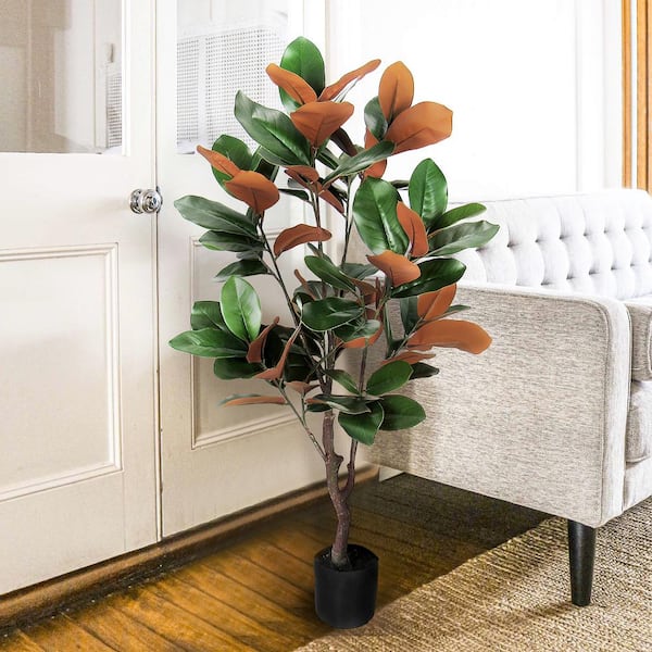 LIVING LUXURY 4 ft. Green Brown Artificial Magnolia Tree Leaf Tree in Pot