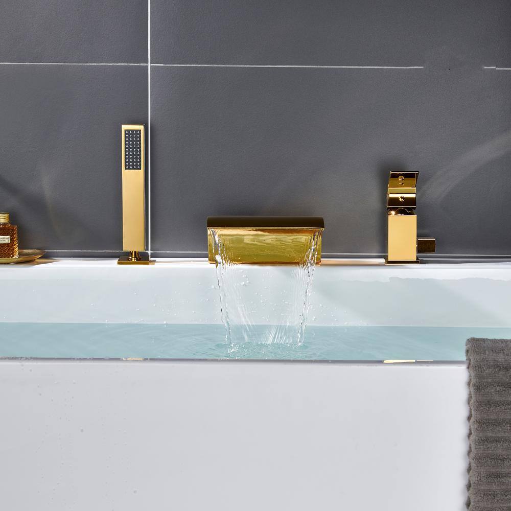 Gold Deck Mounted Waterfall Tub Faucet with Hand Shower