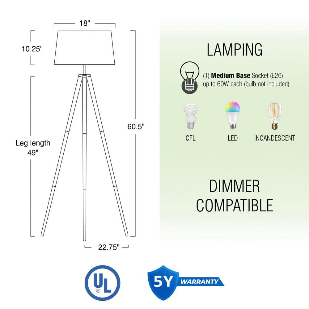 Grace 60.5" Modern Tripod Floor Lamp with White Shade for Nursery