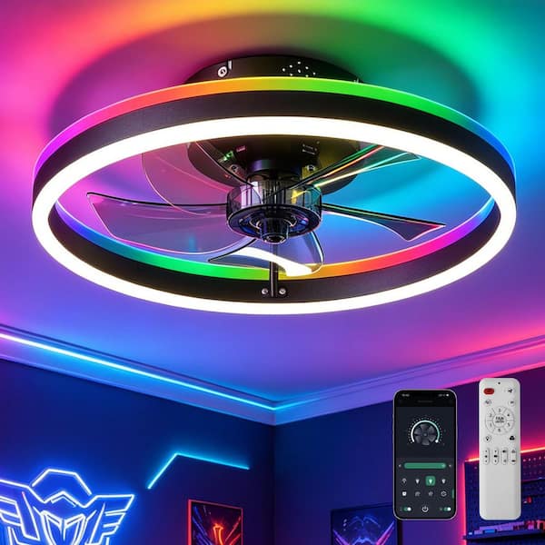 20 in. Smart RGB Black Ceiling Fan with Light and Remote Control, Flush Mount Caged Ceiling Fan for Kidrooms, Bedroom