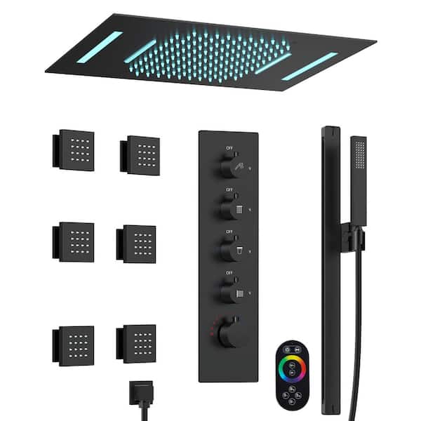 GRANDJOY Smart LED 23 x 15 in. 15-Spray Multi-Function Wall Bar Shower Kit with 6-Body Spray Matte Black (Valve Included)