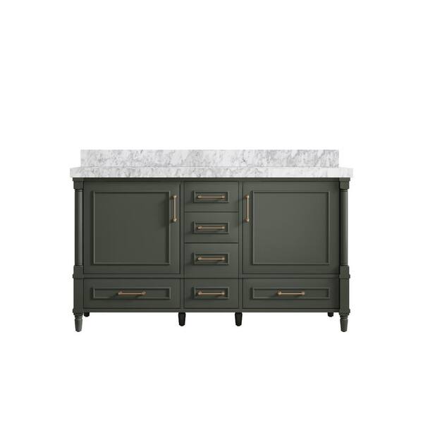 Willow Collections Hudson 60 in. W x 22 in. D x 36 in. H Double Sink Bath Vanity in Pewter Green with 2 in. Carrara Marble Top