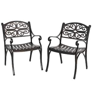 Black with Gold-Painted Edges Cast Aluminum Outdoor Dining Chairs with Armrests (2-Pack)