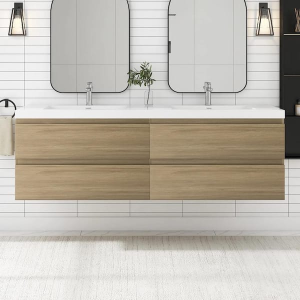 72 in. W x 20 in. D x 22 in. H Double Sink Floating Bath Vanity in Natural Oak with Glossy White Resin Top