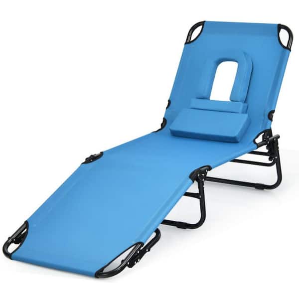 Clihome 3 Position Adjustable Outdoor Folding Chaise Lounge Chair in Blue with Face Hole, Hand Rope and Detachable Pillow