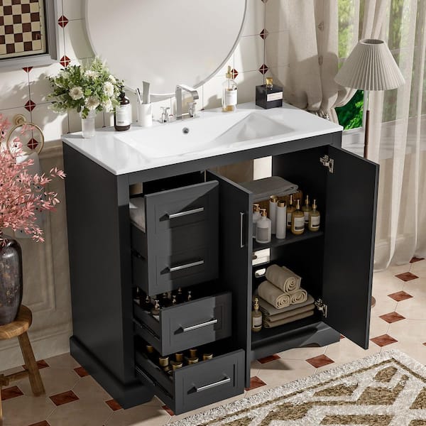 36 in. Freestanding Black Bath Vanity with White Ceramic Top and 3 Drawers Bathroom Door Storage Cabinet Unassembled