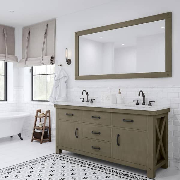 Water Creation Aberdeen 72 in. W x 34 in. H Vanity in Gray with Marble Vanity Top in Carrara White with White Basins Mirror Faucets