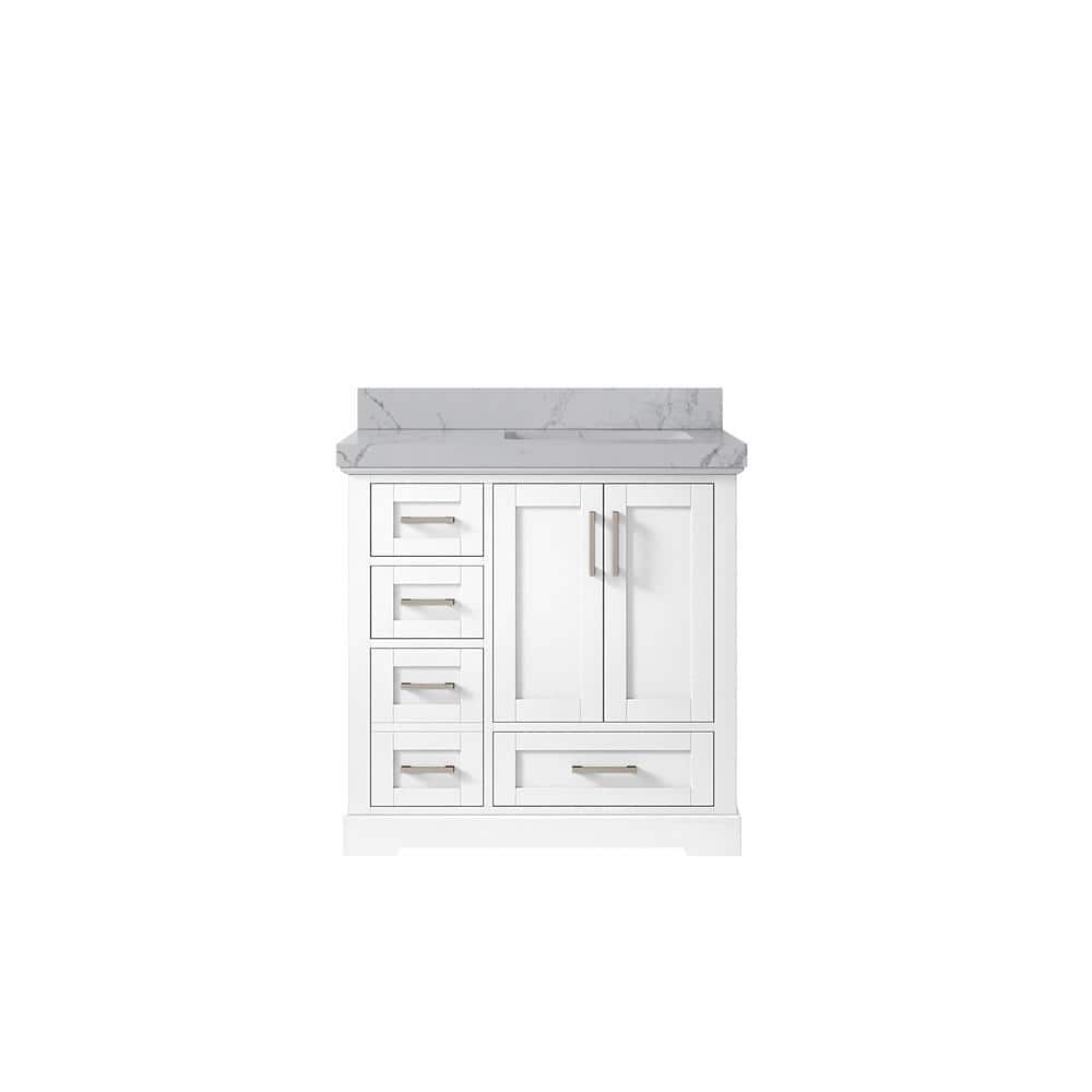 "Boston 36 in. W x 22 in. D x 36 in. H Right Offset Sink Bath Vanity in White with 2"" Venatino Qt. Top" price history on PriceWatchPro