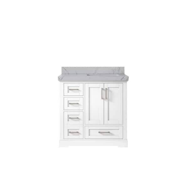 Willow Collections Boston 36 in. W x 22 in. D x 36 in. H Right Offset Sink Bath Vanity in White with 2" Venatino Qt. Top
