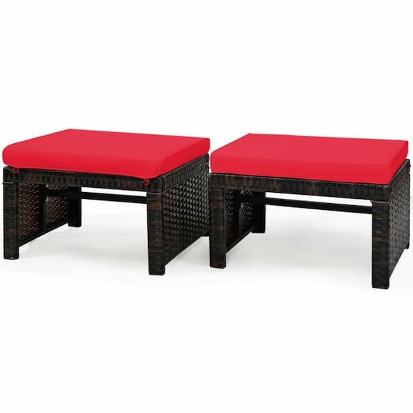 ANGELES HOME Patio Rattan Wicker Outdoor Ottomans with Soft Red Cushion for Patio and Garden (2-Pack)