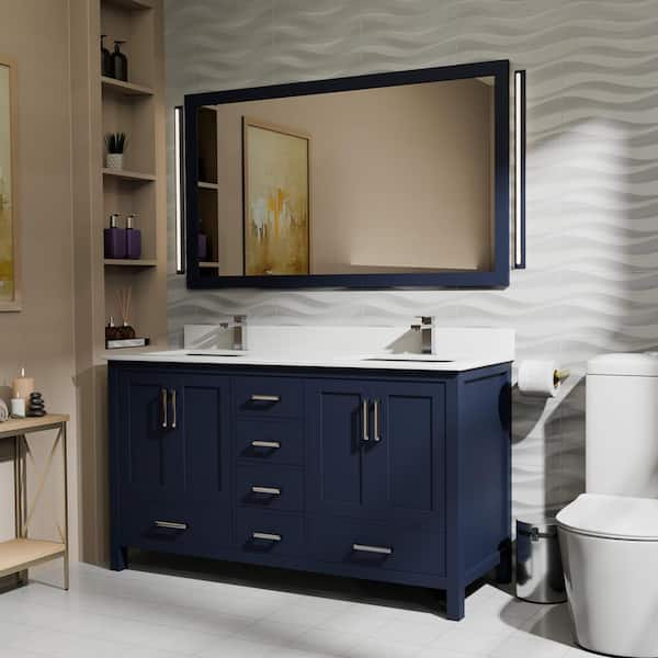 Lexora Jacques 60 in. W x 22 in. D x 34 in. H Freestanding Bath Vanity in Navy Blue with White Quartz Top