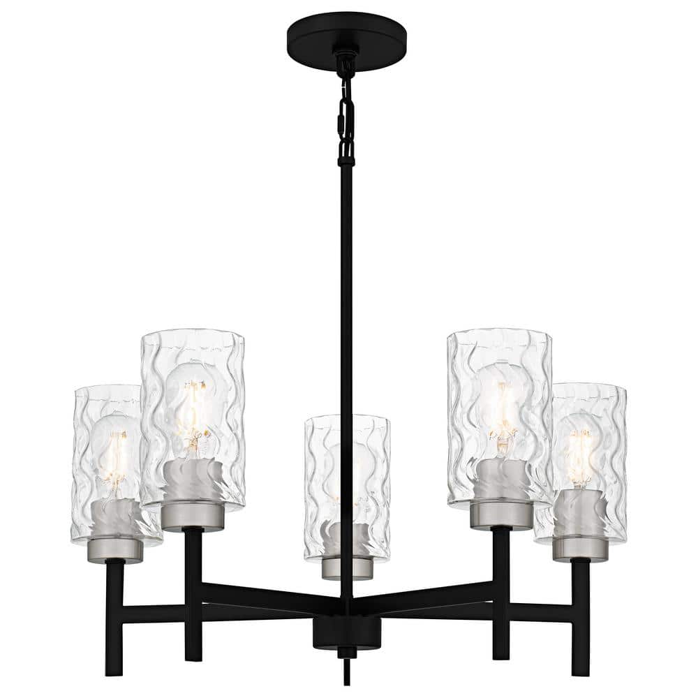 Elara 5-Light Matte Black and Brushed Nickel Chandelier with Clear Textured