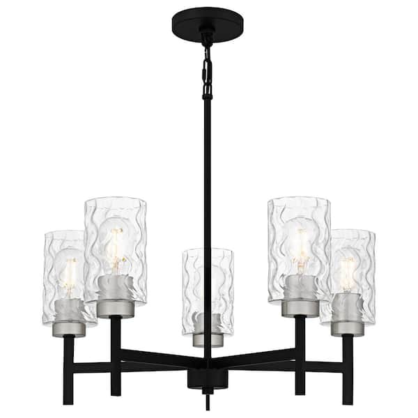 Elara 5-Light Matte Black and Brushed Nickel Chandelier with Clear Textured Glass Shades