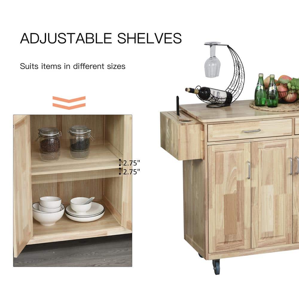 Natural Wood Kitchen Cart with Drawers and Spice Rack
