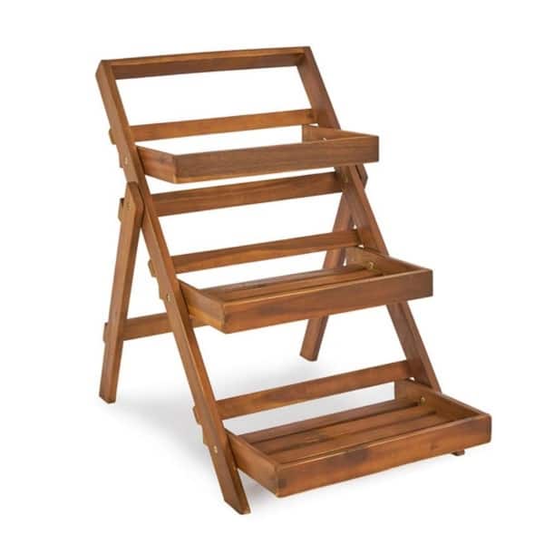 30.7 in. L x 18.2 in. W x 5 in. H 3-Tier Acacia Wood Plant Stand, for Indoor/Outdoor Raised Plante, golden brown