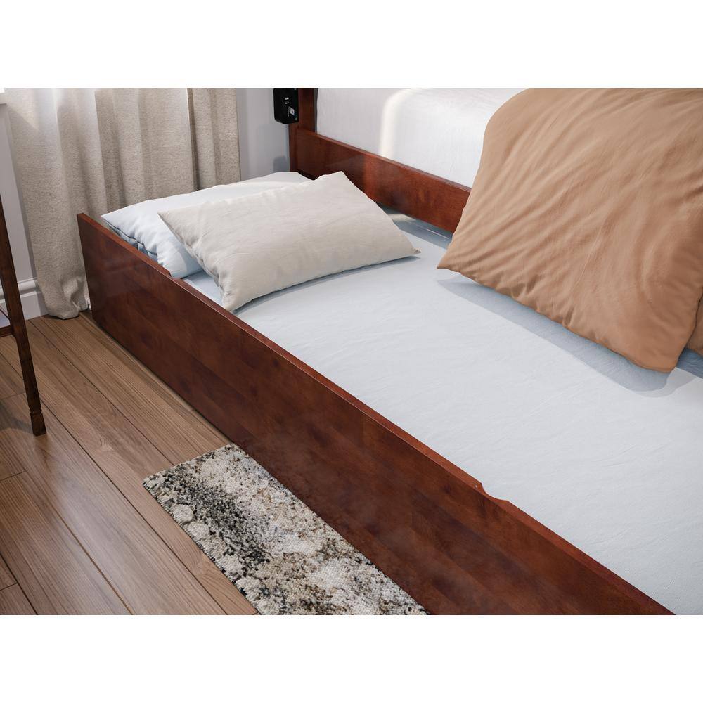Walnut Wood Full Platform Bed with Trundle and USB Charger