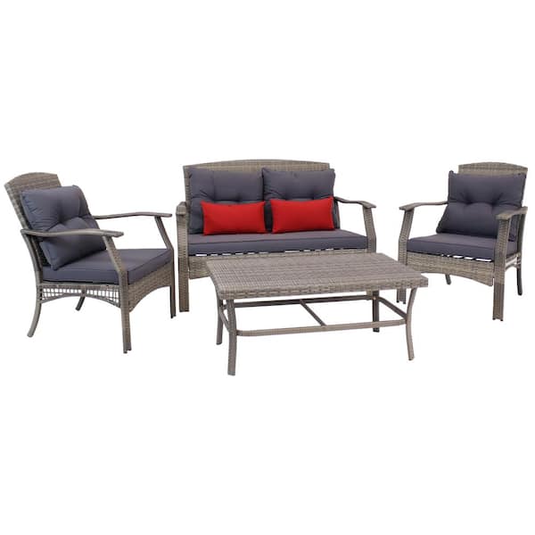 Sunnydaze Sunnydaze Gray 4-Piece Steel Metal and Polyrattan Patio Conversation Set with Gray and Red Cushions
