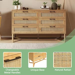 Yellow Bamboo 6-Drawer 47.4 in. W Dresser Rattan Chest of Drawer with Unique Base (29.7 in. H x 15.8 in. L)
