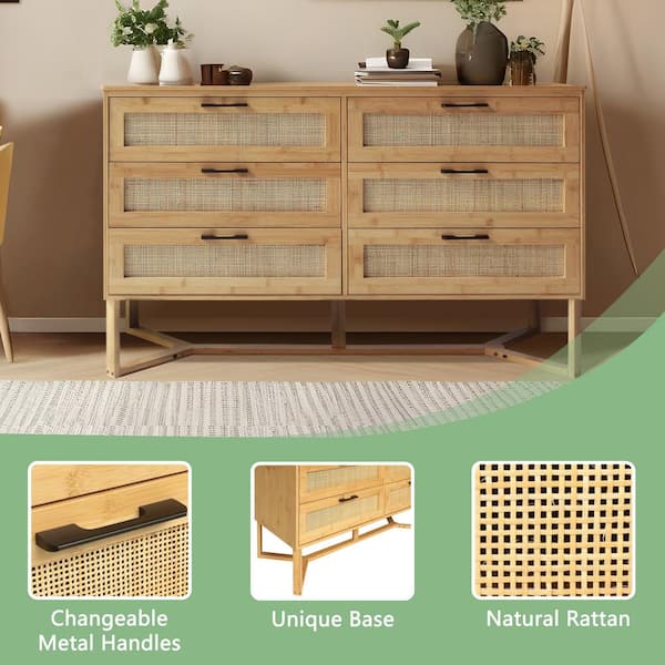 Yellow Bamboo 6-Drawer 47.4 in. W Dresser Rattan Chest of Drawer with Unique Base (29.7 in. H x 15.8 in. L)