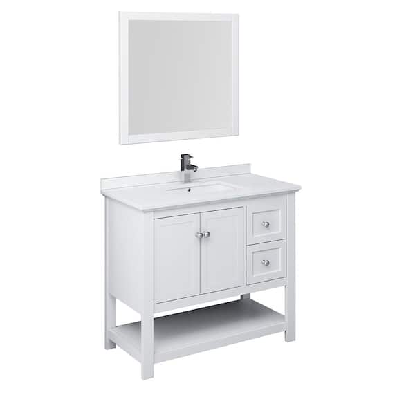 Fresca Manchester 42 in. W Bathroom Vanity in White with Quartz Stone Vanity Top in White with White Basin and Mirror
