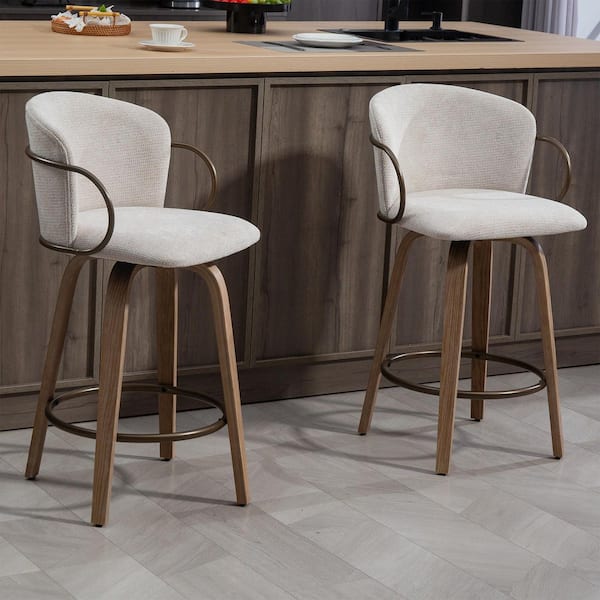 Bette Beige Washed Woven Fabric Swivel Counter Stool with Wood Legs and Copper Iron Arms (Set of 2)