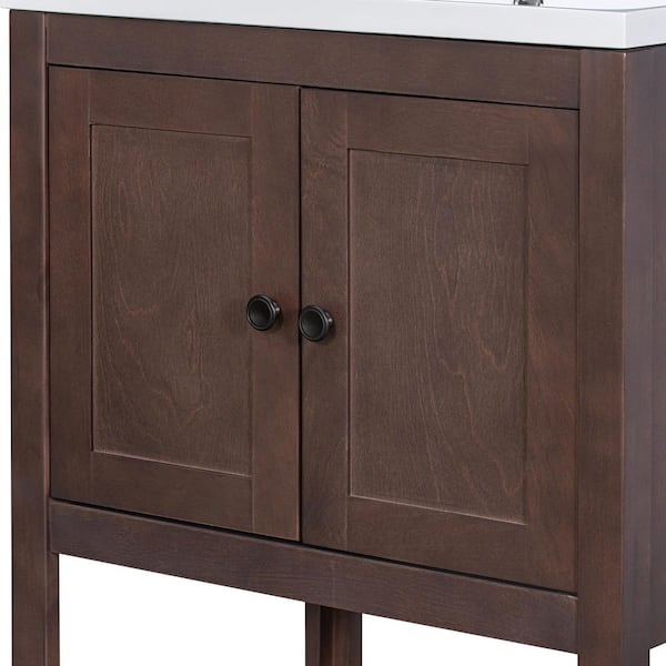 24 in. W Single Sink Brown Bath Vanity with White Ceramic Top