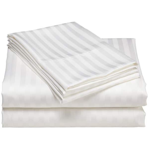 4-Piece White 1200-Thread Count 100% Egyptian Cotton Deep Pocket Stripe King Bed Sheets
