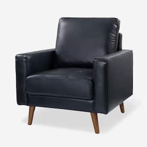 Christine Mid-Century Modern Navy Genuine Leather Armchair with Wood Flared Legs