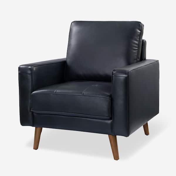 JAYDEN CREATION Christine Mid-Century Modern Navy Genuine Leather Armchair with Wood Flared Legs