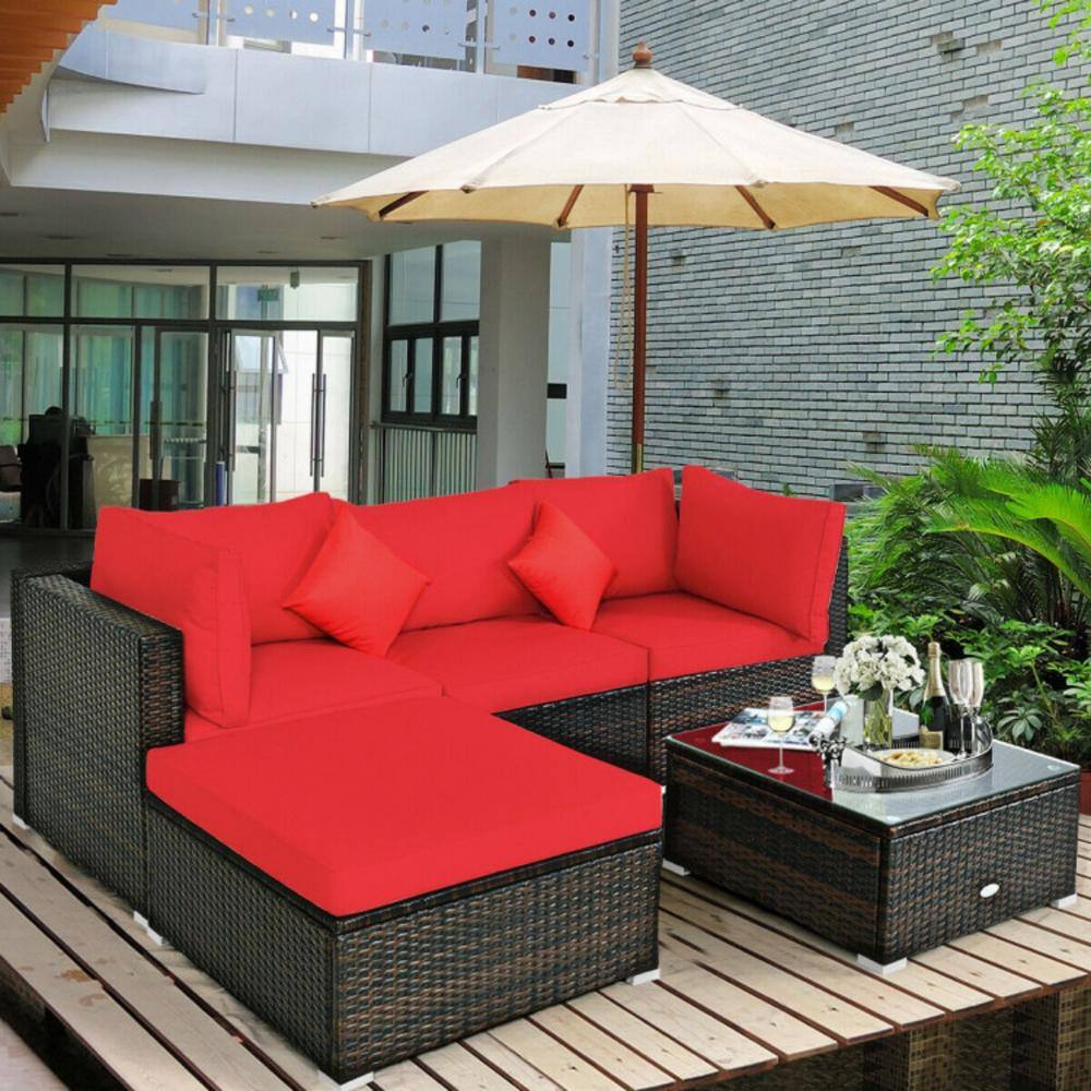 5-Piece Red Cushioned Rattan Patio Furniture Set with Ottoman