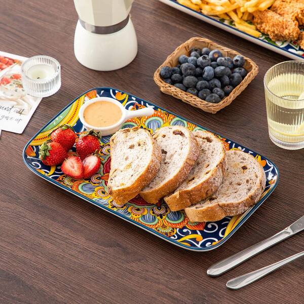 Bohemian Ceramic Rectangular Serving Platter Set, Colorful Microwave Safe Dishware with 3-Piece Entertaining Pack