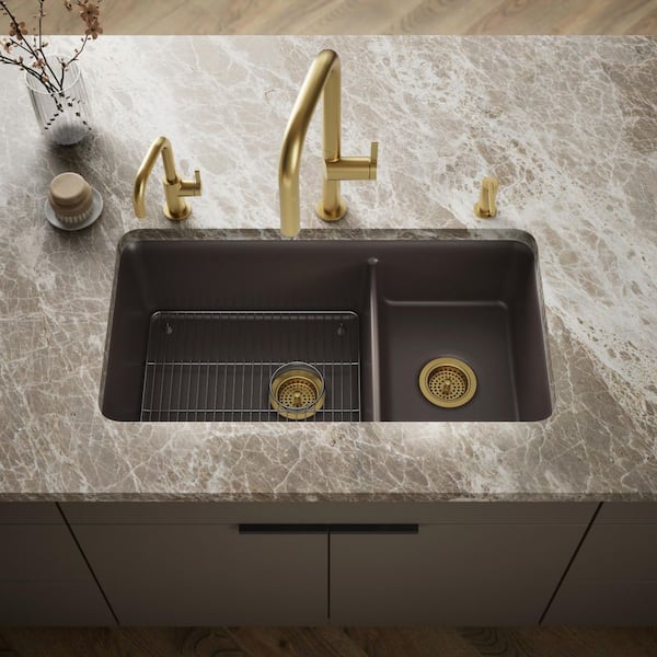 Cairn Undermount Neoroc Granite Composite 33.5 in. 0-Hole Basin Double Bowl Kitchen Sink in Matte Brown
