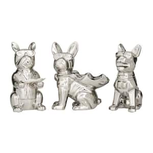 Silver Porcelain Bulldog Sculpture with Sunglasses (Set of 3)