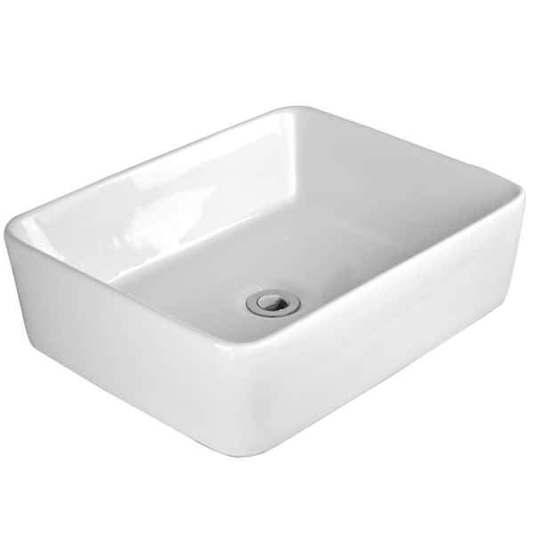 Eisen Home Havasu Ceramic Rectangular Vessel Bathroom Sink with Pop Up Drain in White