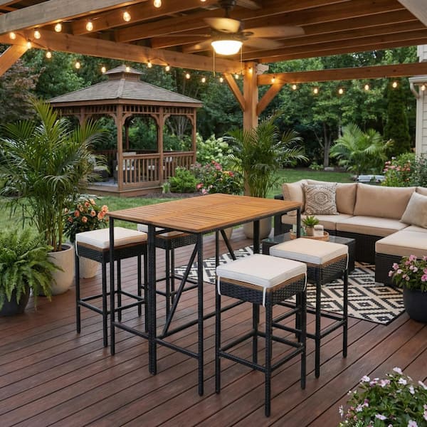 5-Piece Natural Wicker Outdoor Dining Set with Beige Cushions and Foldable Tabletop