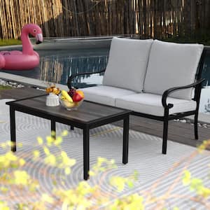 2-Piece Black Metal Frame Patio Conversation Set with Loveseat, Gray Thick Cushions, Coffee Table for Garden, Balcony