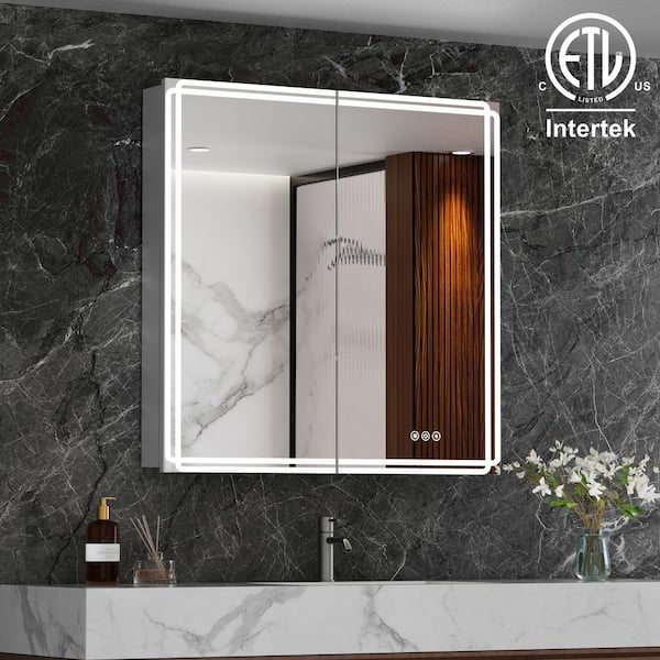 HBEZON 32 in. W x 32 in. H Rectangular Aluminum Medicine Cabinet with Mirror, Dimmable Light, Anti-Fog, Adjustable Shelves