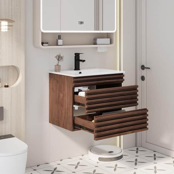 24 in. W x 18.3 in. D x 19.7 in. H Floating 1-Sink Bath Vanity in Brown with White Ceramic Top and Drain Faucet Set