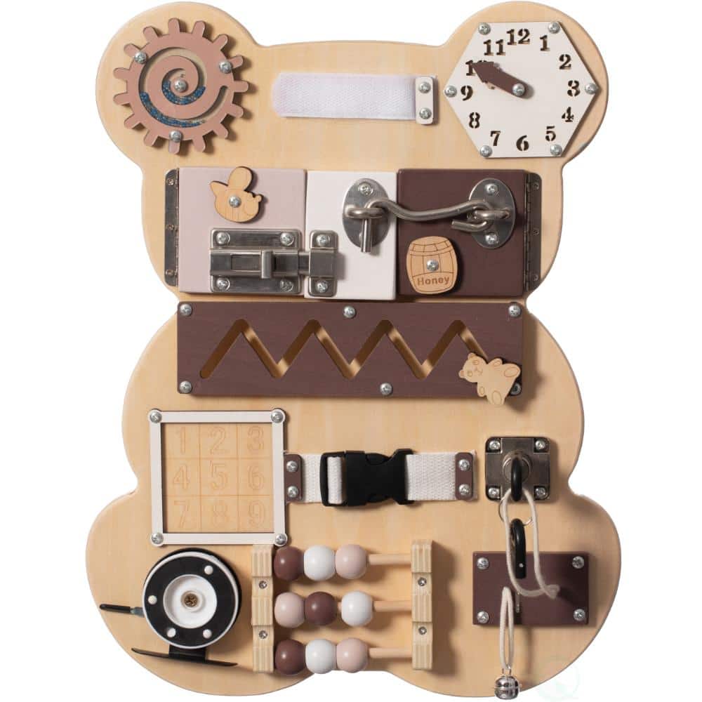 Wooden Sensory Bear Shaped Learning Toddler Busy Board for Playroom, Nursery, Preschool, and Doctors' Office, Brown