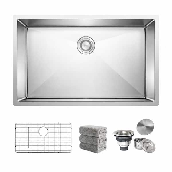 30 in. Undermount Single Bowl 16-Gauge T304 Stainless Steel Kitchen Sink 5-Piece Bundle with Grid