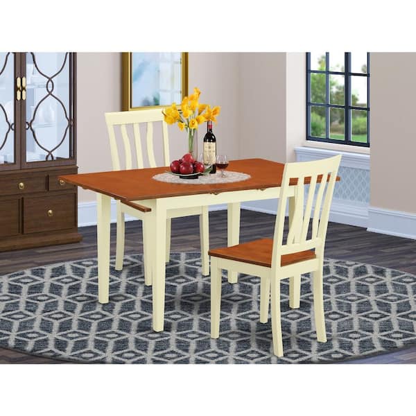 East West Furniture 3-Piece White Finish Solid Wood Top Dining Table Set