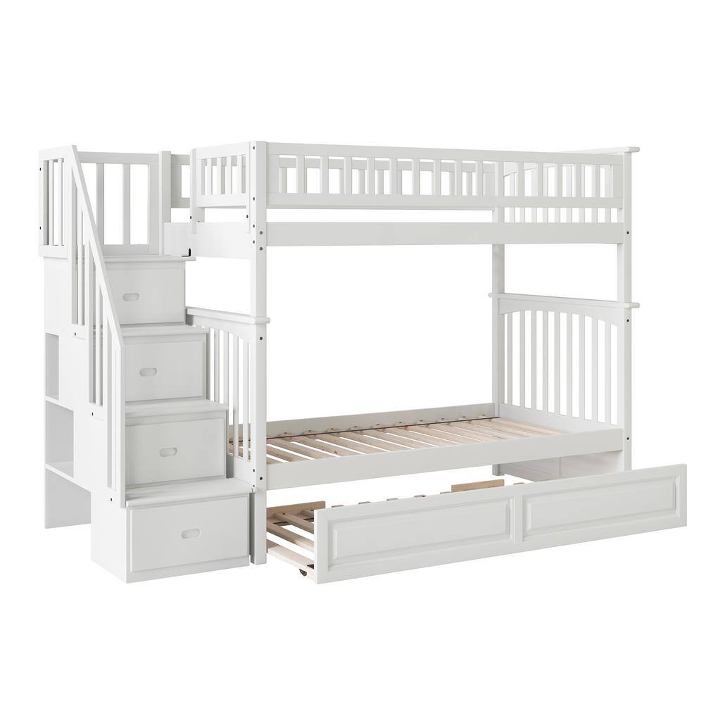White Twin Over Twin Wood Bunk Bed with Trundle and Storage