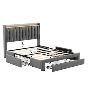 Dark Gray Velvet Metal Frame Upholstered Queen Platform Bed Frame with Headboard and Charging Station and 3 Drawers