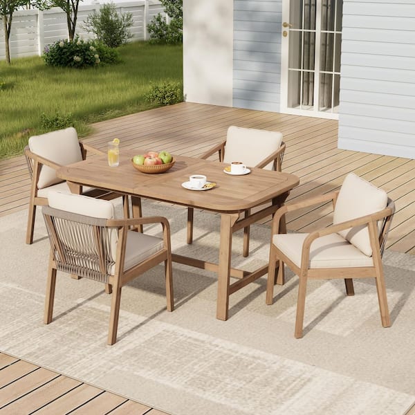 Clay Modern 5-Piece Solid Wood Patio Extendable Outdoor Dining Set with Cream Cushions, Rope Back, Light Teak Finish