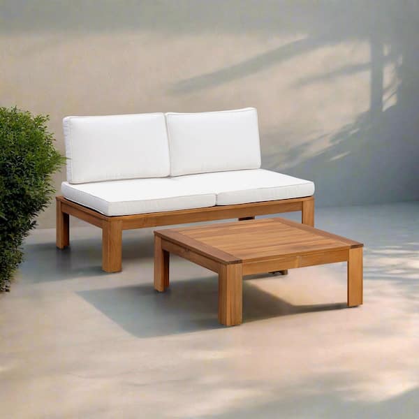2 Piece Solid Acacia Frame Outdoor Sectional Sofa Set-Chaise Lounge Convertible with Cushions in Natural Wood Finish
